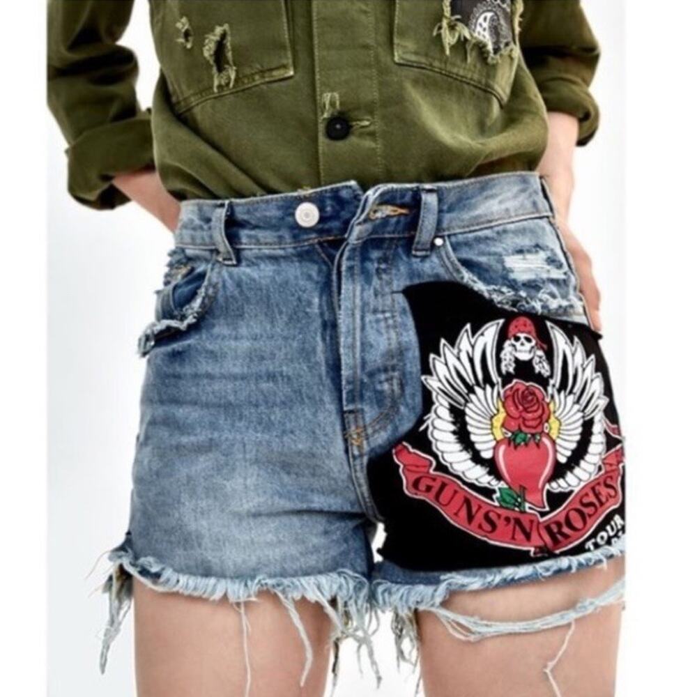 Zara GUNS N ROSES Cut Off Denim Shorts Patch Rock Metal Grunge 90s Y2K Sz 00 XS